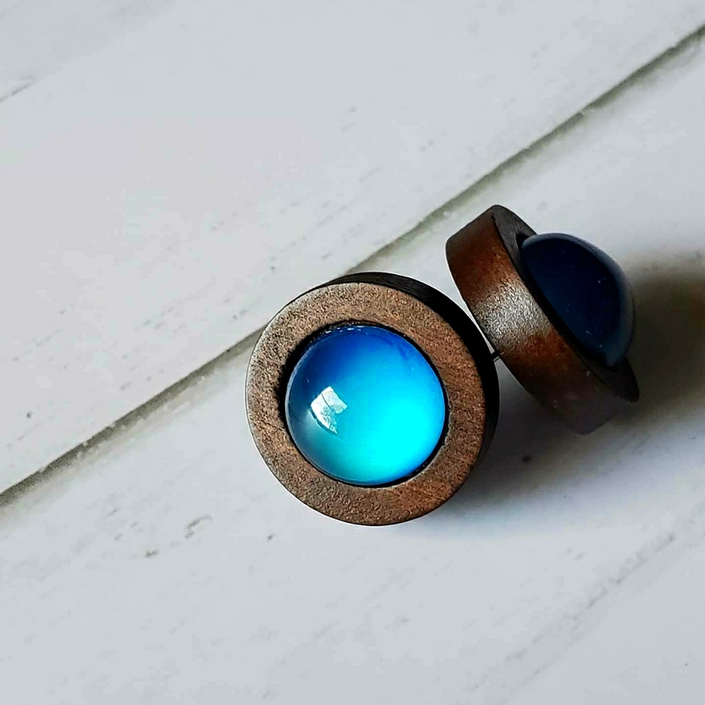 Wood and Blue Opal Stud Earrings